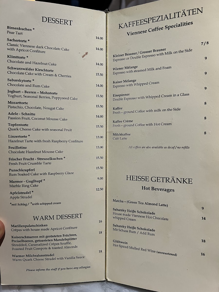 Café Sabarsky Menu - Image 1