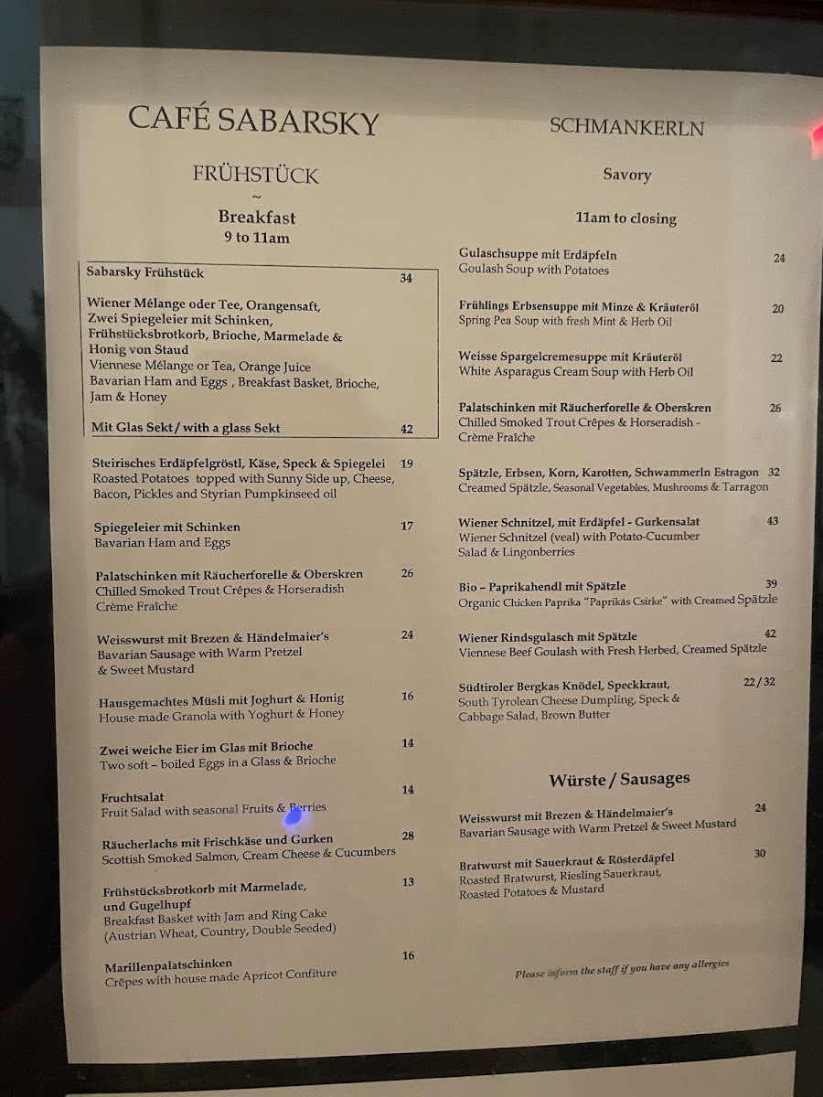 Café Sabarsky Menu - Image 2